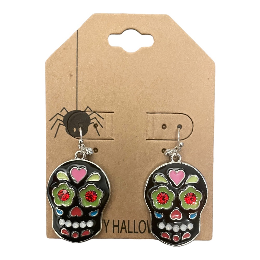 Halloween Sugar Skull Rhinestone Embellished Dangle Earrings NWT